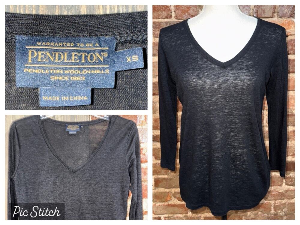 Pendleton Black Linen V Neck Sz XS Womens T Shirt 3/4 Sleeve Slub Knit Base